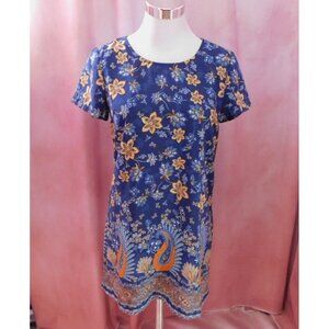 Lulus Floral Short Sleeve Shift Dress Blue Lined Medium